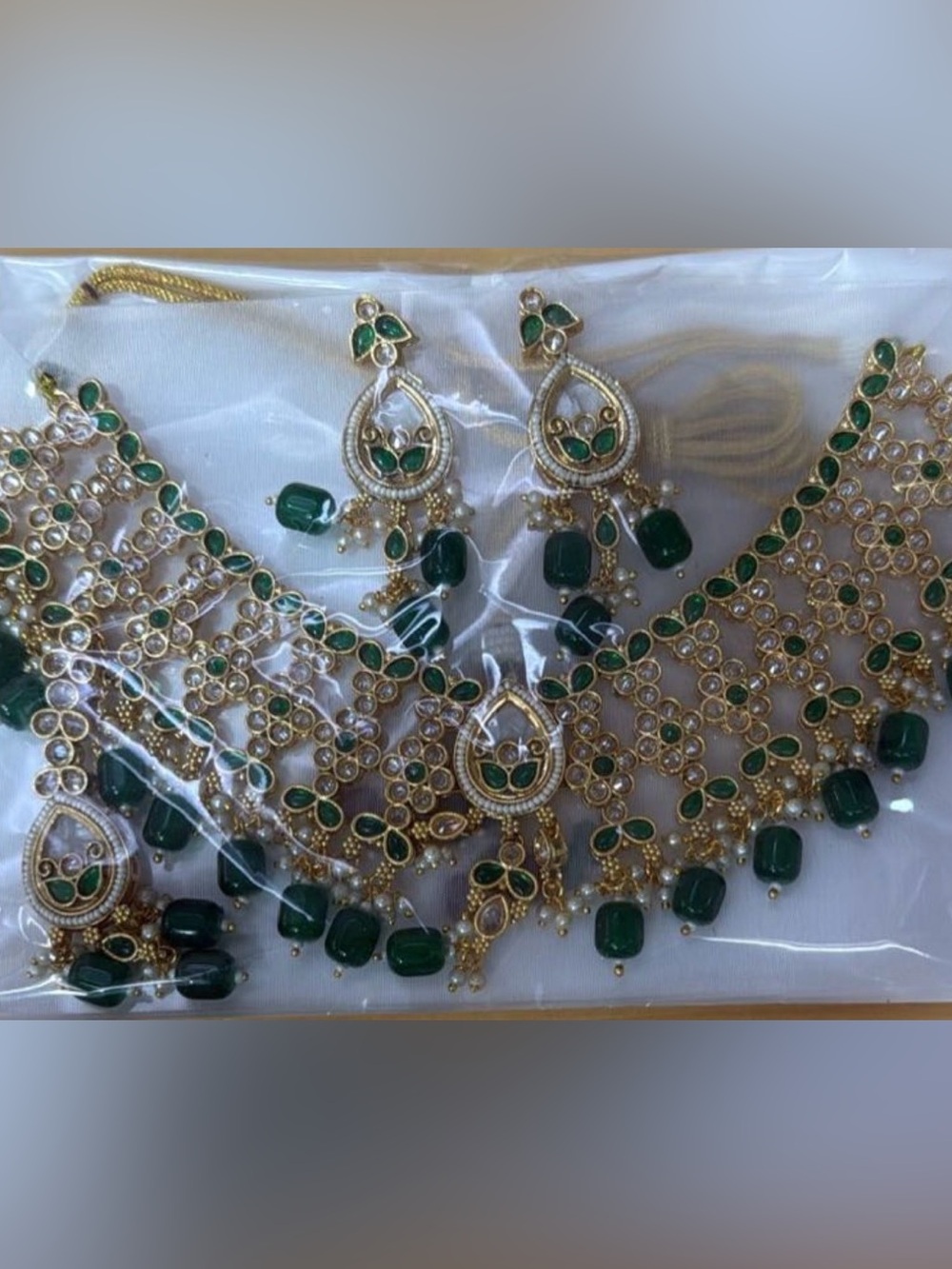 Emerald Green Gold-Tone Floral Necklace & Earrings Set